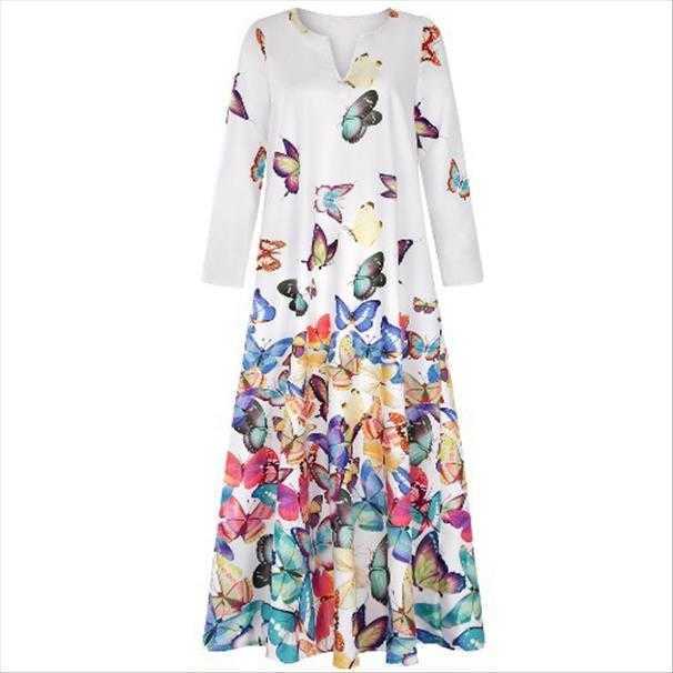Ladies Ink Painting Butterfly Print Dress V Neck Long Sleeve Pocket Summer