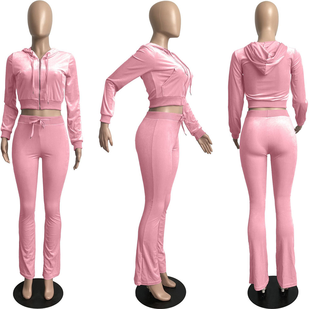 New XS Designer Fall Winter Velvet Tracksuits Women Sweatsuits Long Sleeve Hooded Jacket and Wide Leg Pants Two Piece Sets Outfits Casual Jogger suits