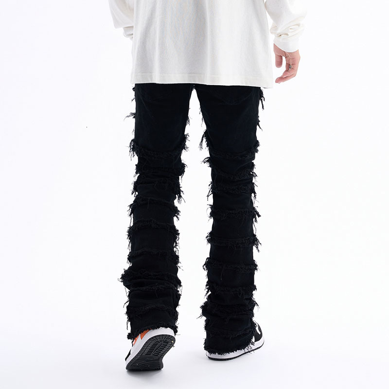 Men's Jeans Harajuku Hip Hop Streetwear Striped Tassel Frayed Straight Baggy Jeans Pants Male and Female Solid Color Casual Denim Trousers 230111