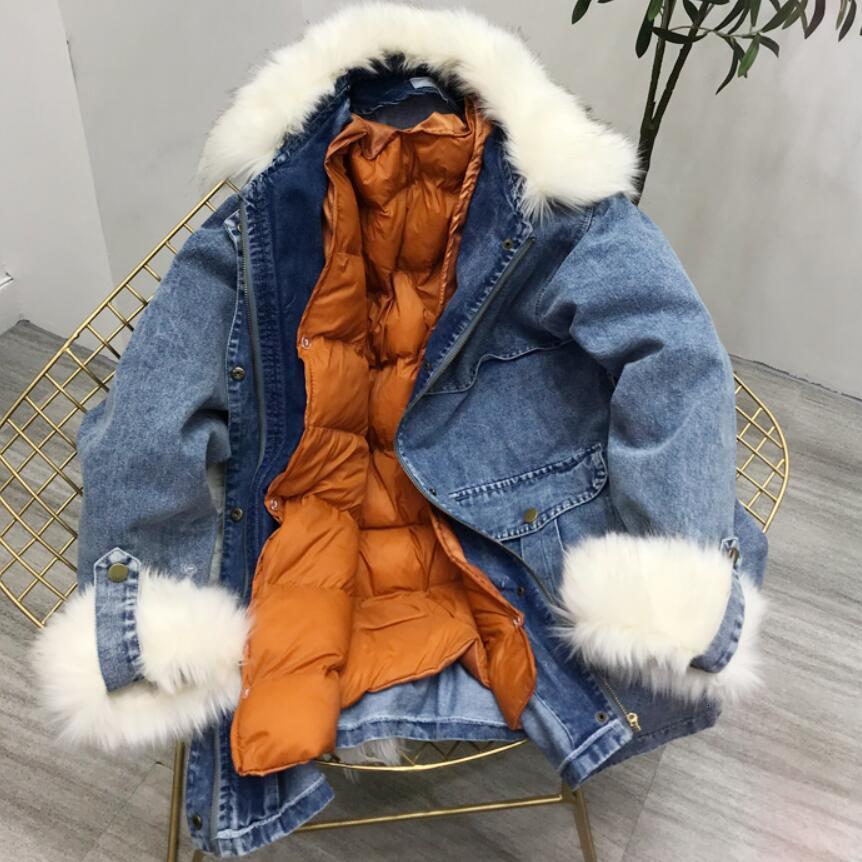 Women's Down Parkas Fur Parka Winter Denim Windbreaker Jacket Cotton Padded Long Coat Loose Detachable Liner Thickened Overcoat 230111