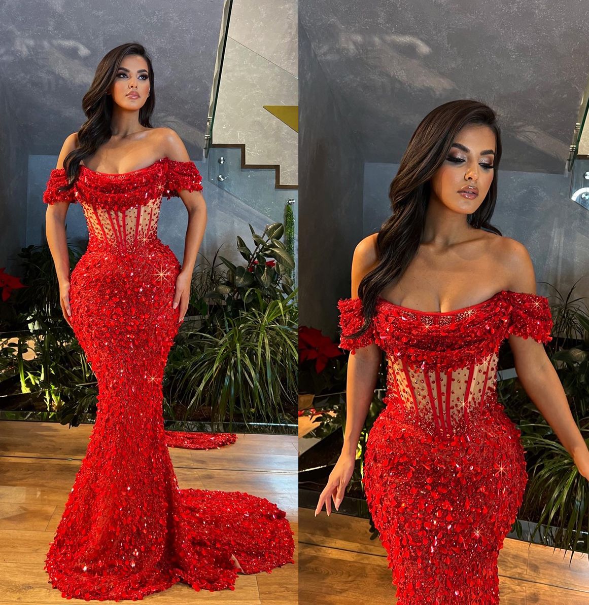 Modern Red Mermaid Prom Dresses Off the Shoulder Party Dresses Lace Sequined Custom Made Evening Dress