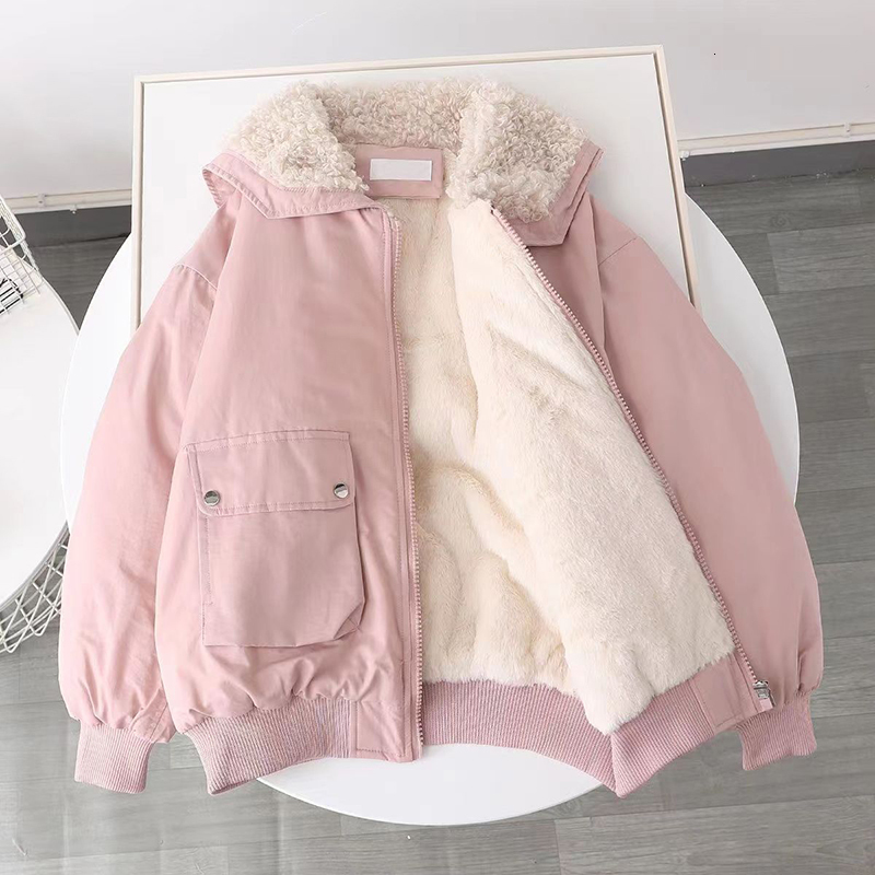 Women's Down Parkas QNPQYX Autumn Winter Thick Warm Plush Jacket Women Lamb Wool Turndown Collar Fleece Coat Pink Sweet Loose Parka Woman 230111Z