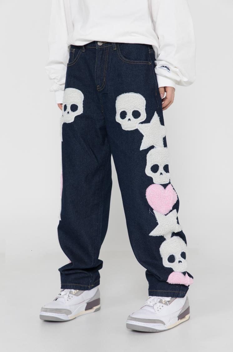 Men's Jeans Vintage Pocket Skull Embroidery Straight Cargo Pants Men And Women Oversize Jeans Trousers Harajuku Streetwear Denim Pants 230111