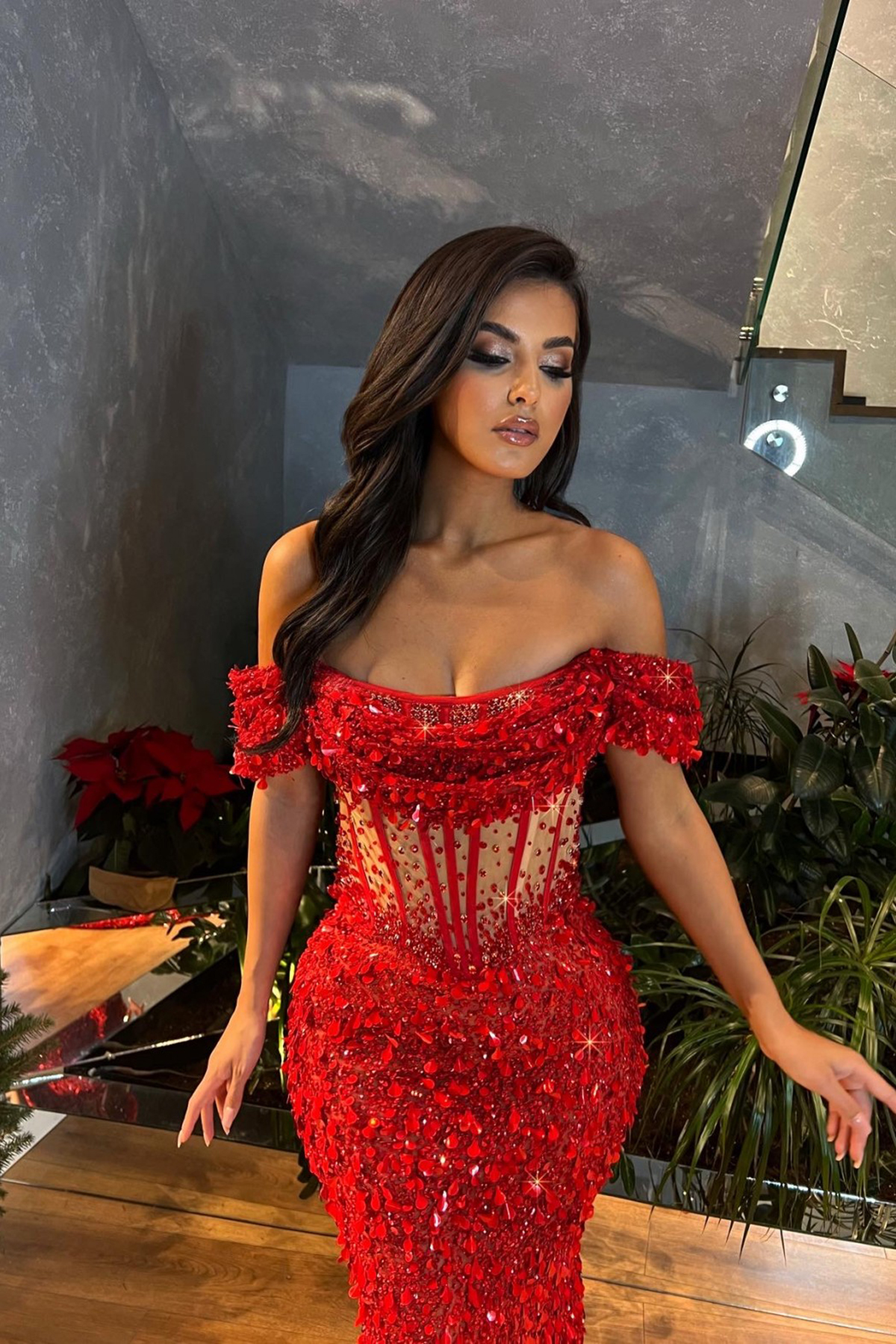Modern Red Mermaid Prom Dresses Off the Shoulder Party Dresses Lace Sequined Custom Made Evening Dress