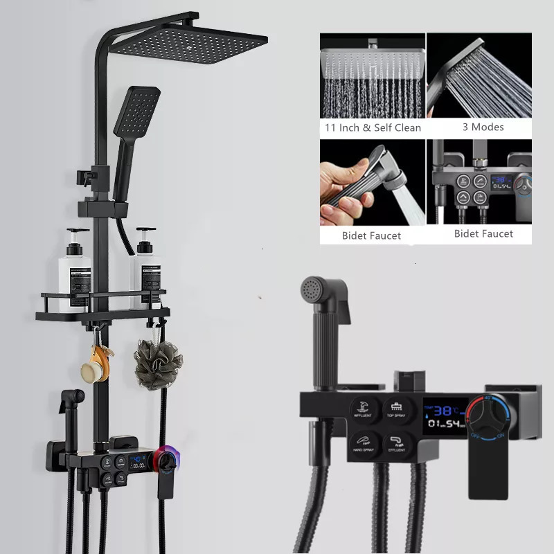 Bathroom Sink Faucets Black Display Thermostatic Shower Faucet Set Rainfall Bathtub Tap With Shelf Water Flow Produces Power Generation 230110
Bathroom Sink Faucets Black Display Thermostatic Shower Faucet Set Rainfall Bathtub Tap With Shelf Water Flow Produces Power Generation 230110
