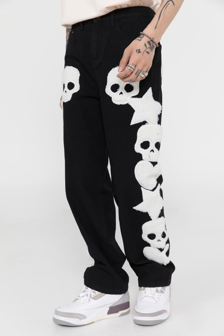 Men's Jeans Vintage Pocket Skull Embroidery Straight Cargo Pants Men And Women Oversize Jeans Trousers Harajuku Streetwear Denim Pants 230111