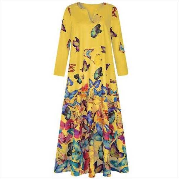Ladies Ink Painting Butterfly Print Dress V Neck Long Sleeve Pocket Summer