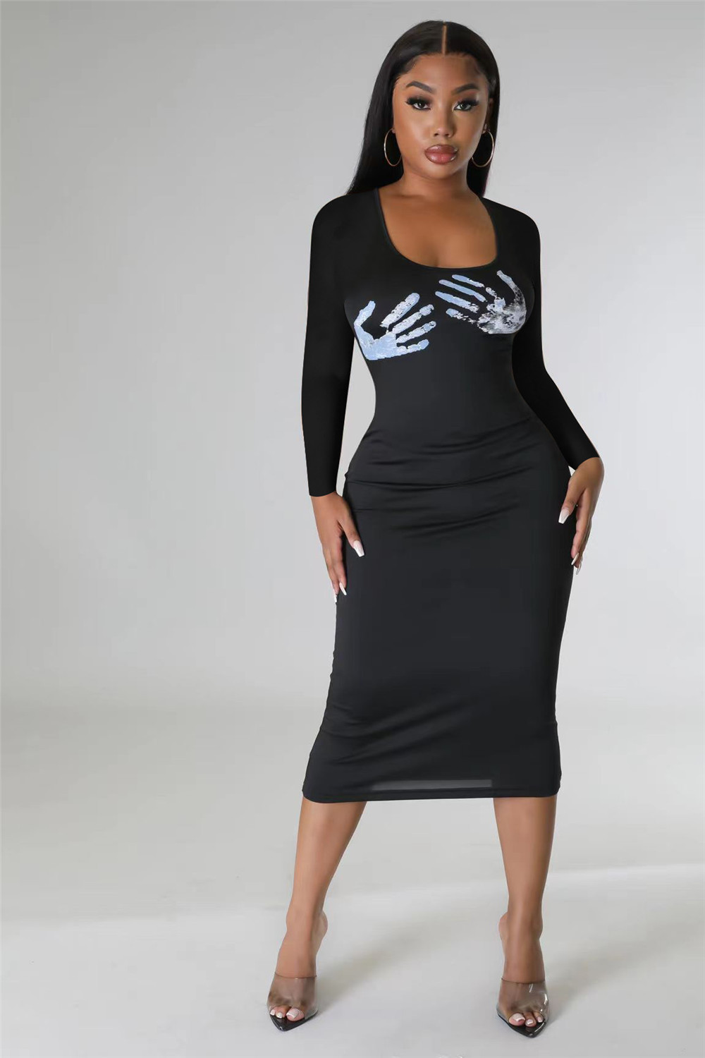 Long Sleeve Dresses Women Fall Winter Bodycon Dress Skinny Print Midi Dresses Casual Black Party Wear Bulk items Streetwear 8471
