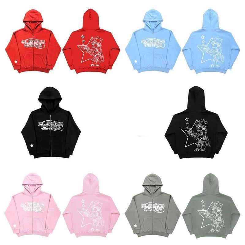 Men's Hoodies Sweatshirts Oversized Hoodie Gothic Punk Letters Cartoon Print Jacket Y2K Harajuku Casual Loose Top American Street Retro Zip Sweat