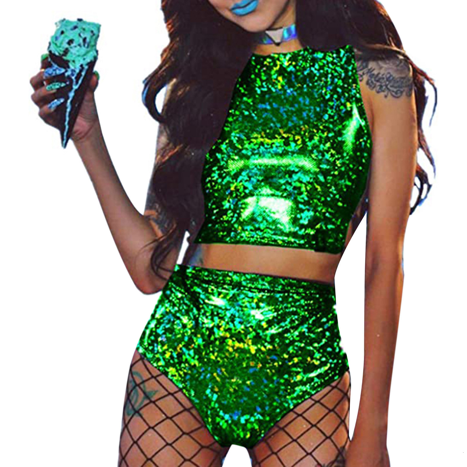 Women s Two Piece Pants Women Rave Holographic Bodysuit Mini 2Pcs Hologram Metallic Crop Top and Shorts Outfits for Dance Party Clubwear 230111