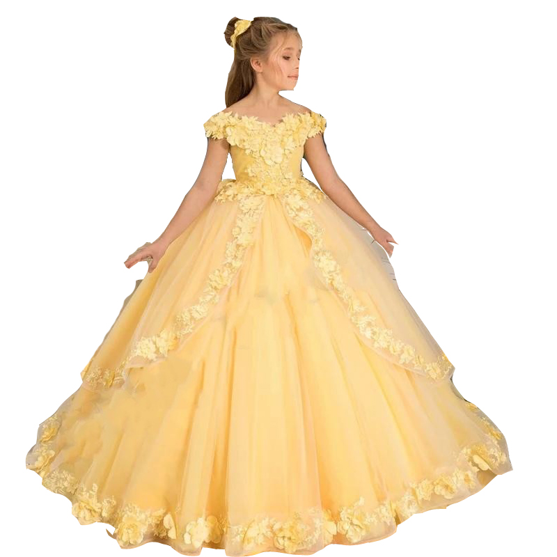 Flower Girl Yellow Off Shoulder Toddler For Wedding Tulle 3D Floral Ruffle Pageant Dress Christmas Evening Gowns Birthday Party Dresses First Communio
