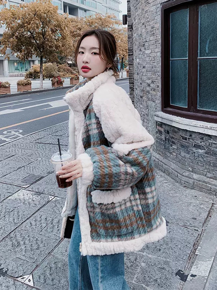 Women's Down Parkas Plaid Lamb Wool Coat Short 2023 Autumn Winter Wild Korean Version Of Loose Woolen Thick Velvet 230111Z
