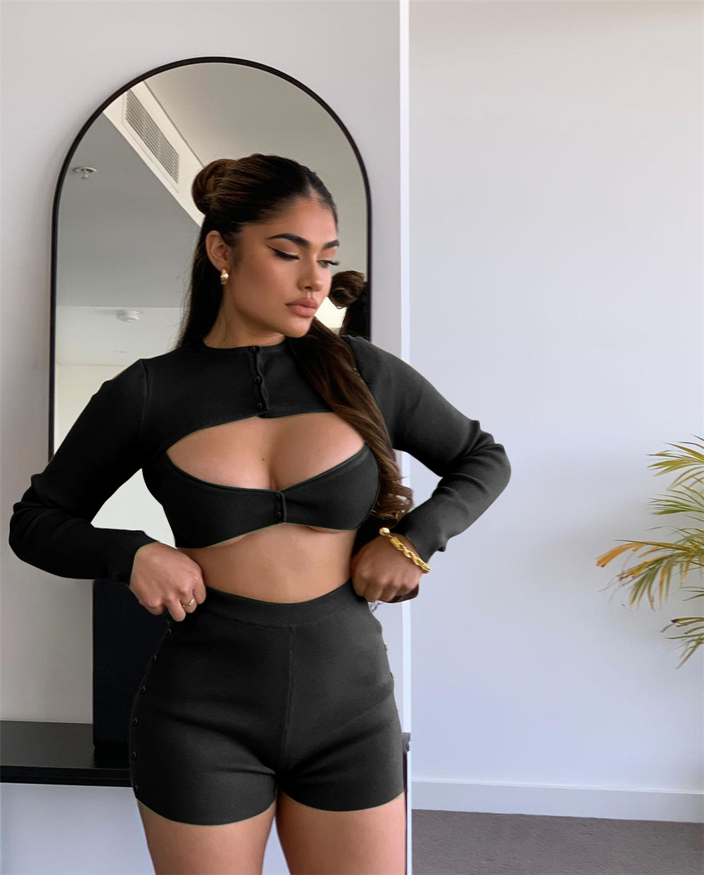 Wholesale Ribbed Outfits Women Two Piece Set Tracksuits Autumn Clothes Sexy Long Sleeve Hollow out Crop Top and Shorts Casual Sportswear Solid Sports 