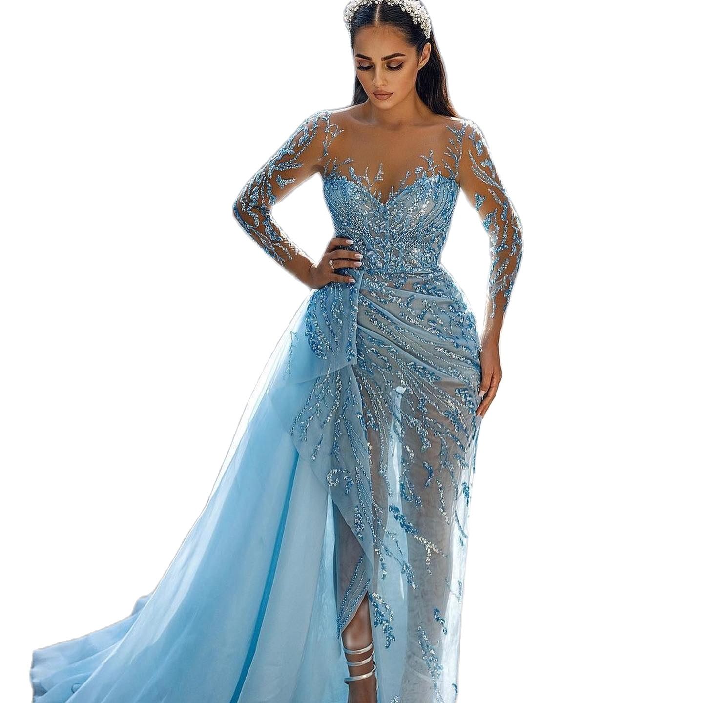 Sky Blue Mermaid Prom Dresses Sheer Jewel Neck Lace Appliques Long Sleeve Evening Dress Pageant Gown Party Birthday Club Robes