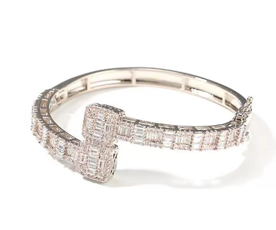 14K Gold Men Ladies Cubic Zirconia Dia Baguette Square Bangle Bracelet Opening