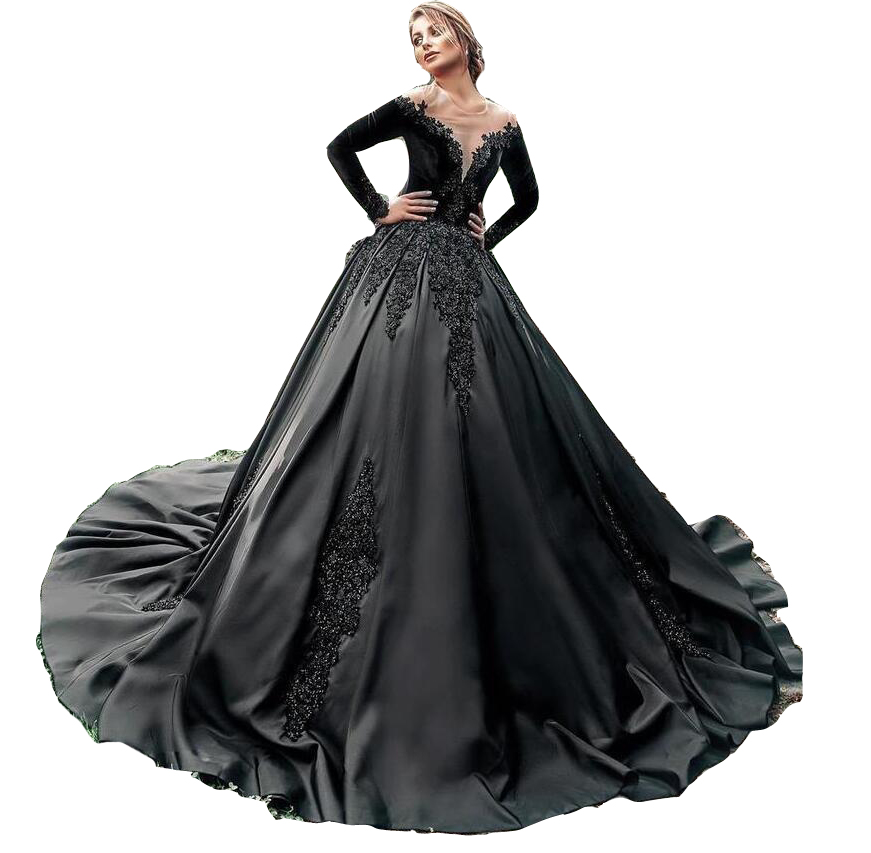 2023 Vintage Ball Gown Wedding Dresses Black Gothic Bridal Gowns Jewel Neck illusion Long Sleeves Lace Appliques Crystal Beads Custom Floor Length Plu