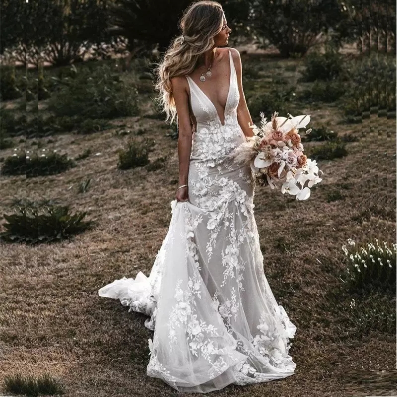 Boho Bridal Gown 3D Flowers Appliques Mermaid Wedding Dresses Spaghetti Straps Backless vestidos de novia Country Bridal Gowns Wear