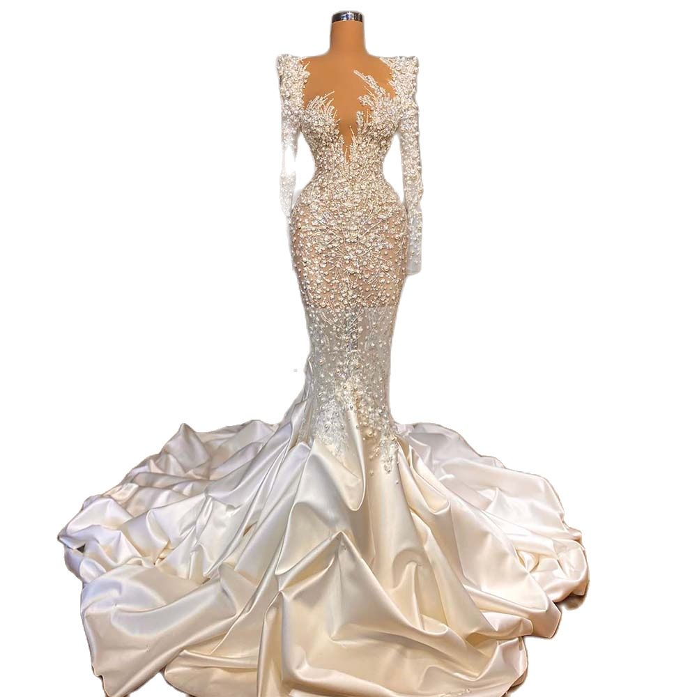Mermaid Dress Pearls Sheer Neck D Lace Appliques Beading Wedding Gowns Custom Made Sexy Illusion Bridal Dresses Es