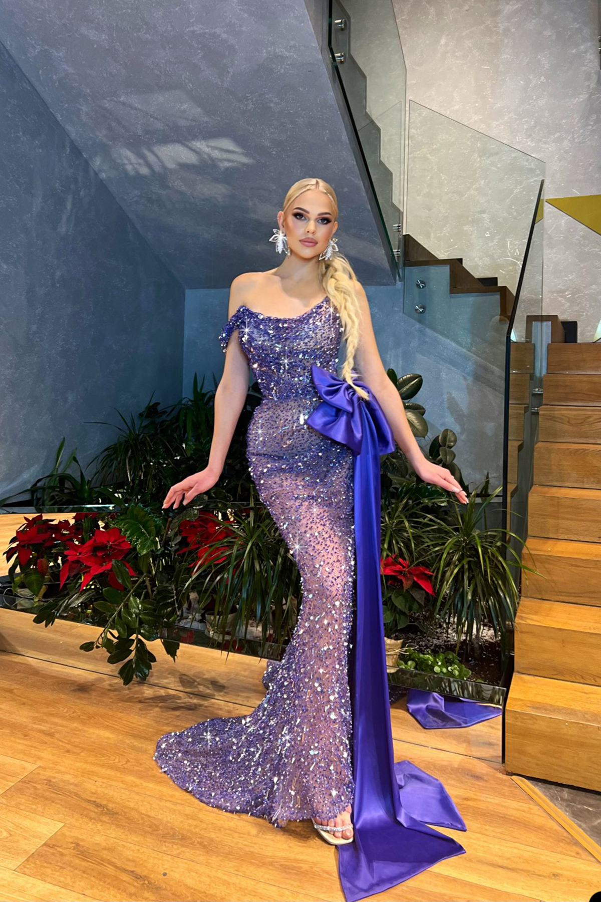 Princess Off Shoulder Prom Dresses Sequined Crystals Party Dresses Mermaid Bow Shiny Custom Made Evening Dress