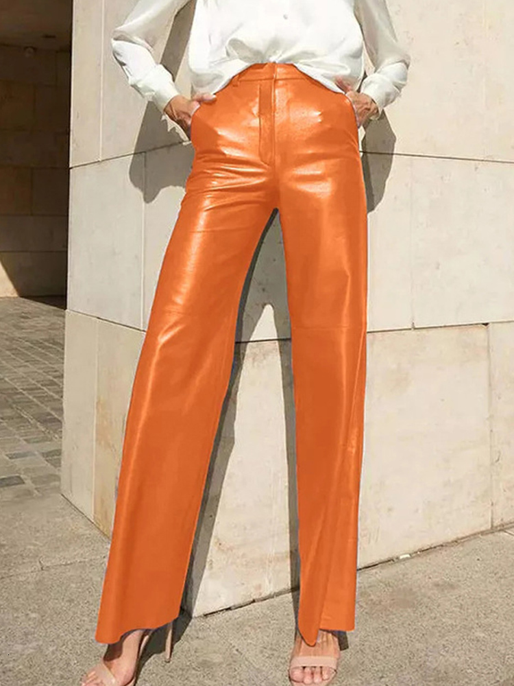 Women's Pants s Autumn Winter PU Leather Blue Slim High Waist Straight Trousers Female Elegant Fashion Streetwear Lady Pant 230112