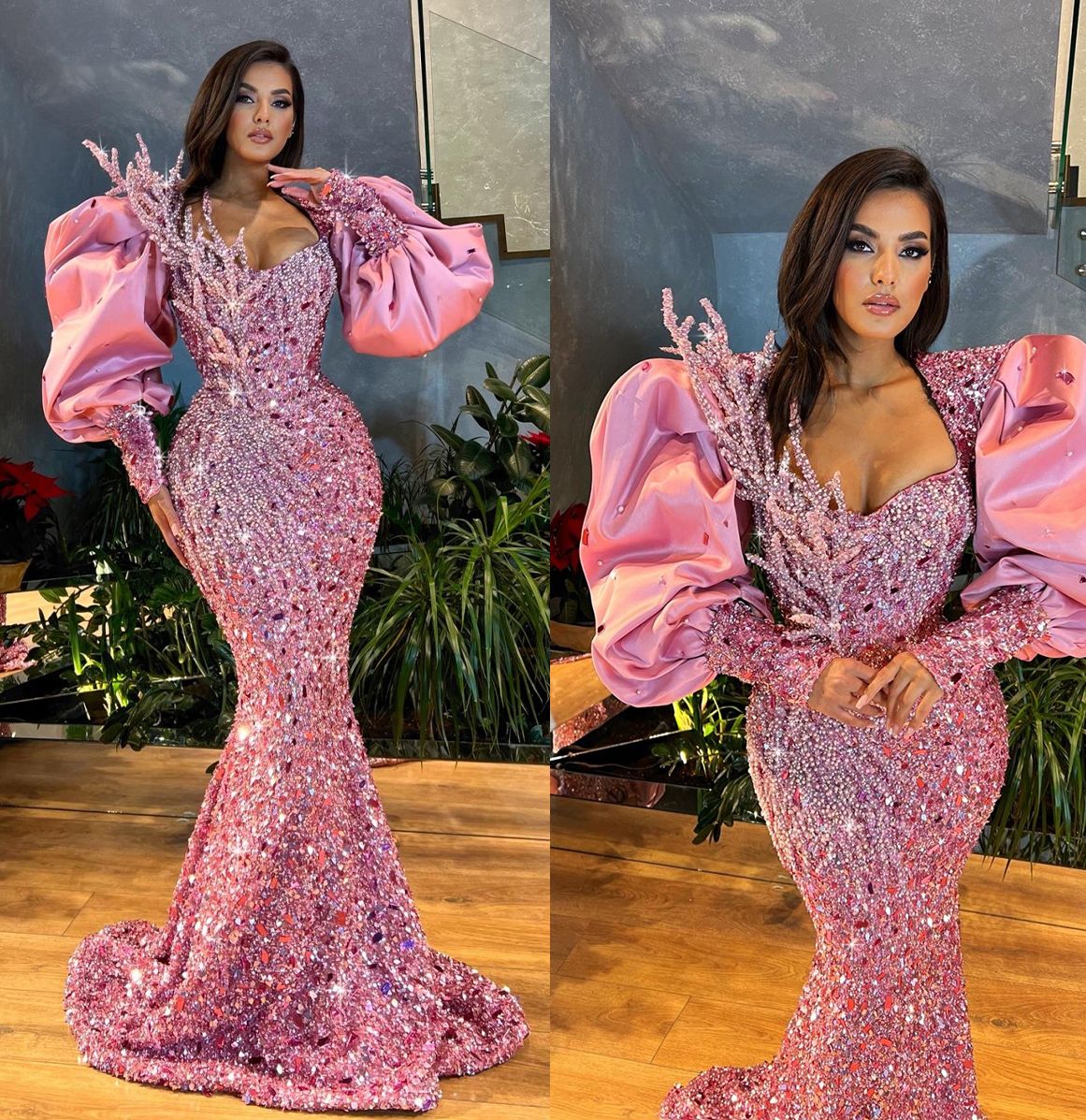 Sparkle Pink Mermaid Prom Dresses Puff Sleeves Party Dresses Crystals Sequined Custom Made Evening Dress
