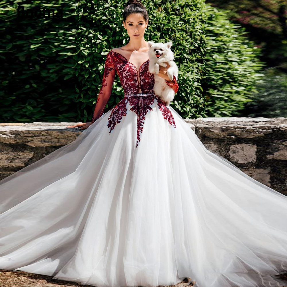 Gothic Ivory And Burgundy A Line Wedding Dresses Long Sleeves Country Bridal Gowns Lace Applique Beaded Sequin Tulle Bride Formal Wear Sheer Back Butt