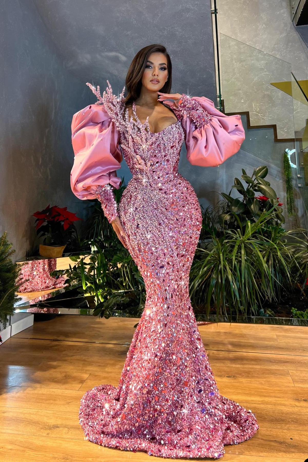 Sparkle Pink Mermaid Prom Dresses Puff Sleeves Party Dresses Crystals Sequined Custom Made Evening Dress