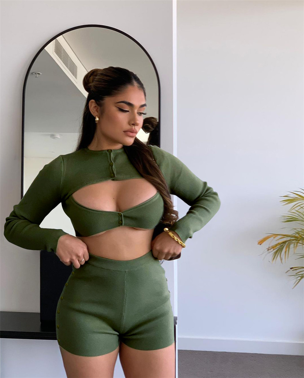 Wholesale Ribbed Outfits Women Two Piece Set Tracksuits Autumn Clothes Sexy Long Sleeve Hollow out Crop Top and Shorts Casual Sportswear Solid Sports 