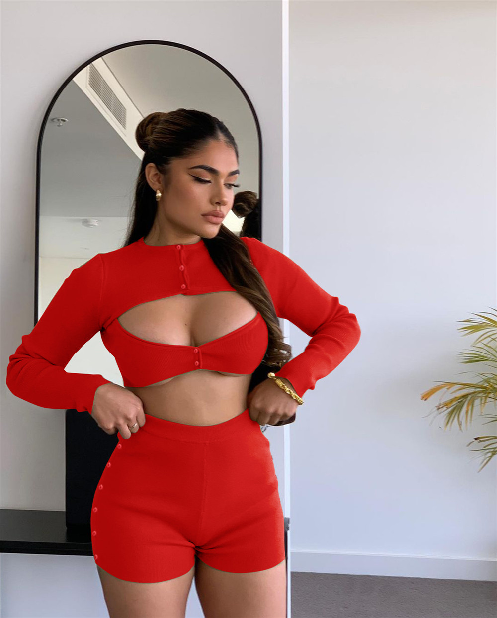 Wholesale Ribbed Outfits Women Two Piece Set Tracksuits Autumn Clothes Sexy Long Sleeve Hollow out Crop Top and Shorts Casual Sportswear Solid Sports 