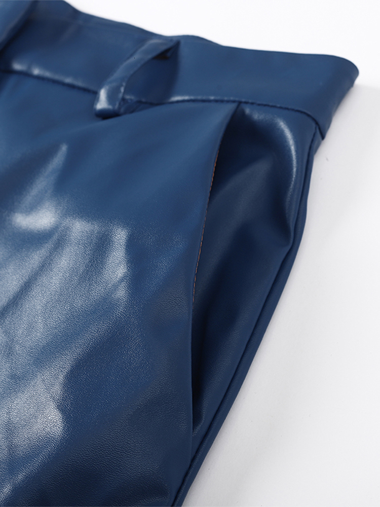 Women's Pants s Autumn Winter PU Leather Blue Slim High Waist Straight Trousers Female Elegant Fashion Streetwear Lady Pant 230112
