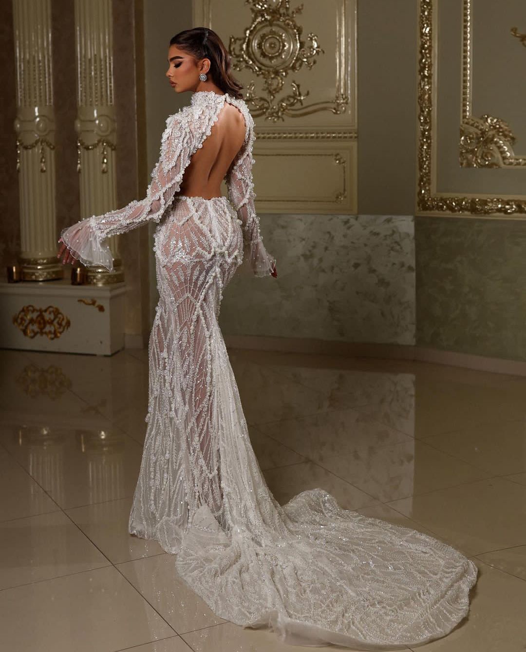 Luxury Mermaid Wedding Dresses Long Sleeves High Neck Backless Beaded Pearls Sequins Appliques Formal Dresses 3D Lace Bridal Gowns Plus Size Vestido d