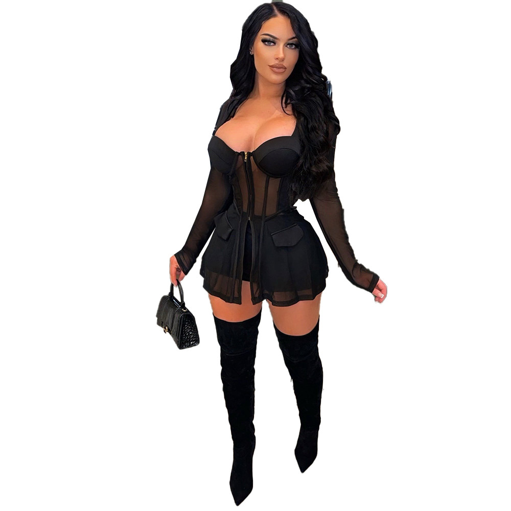 Sexy Mesh Outfits Women Two Piece Sets Tracksuits Autumn Clothes Sexy Long Sleeve Sheer Shirt Top and Shorts See Through Clothing Party Night Club Wea