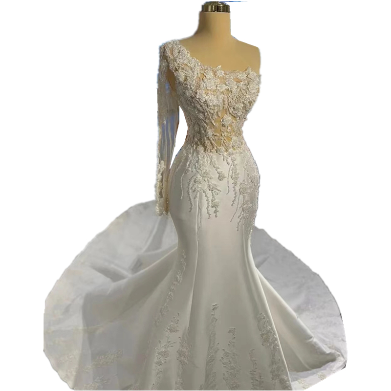Luxury Beaded Floral Lace Mermaid Wedding Dresses One Shoulder Long Train Bridal Gowns Sleeve Illusio Sexy Ivory Satin Vestido De Novia