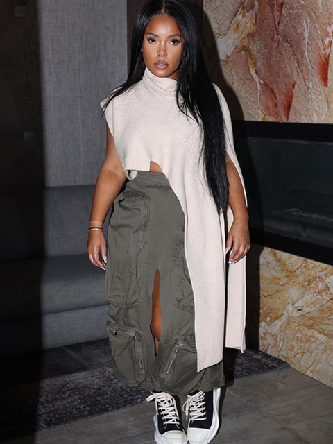 Skirts Joskaa Harajuku Cargo Women Casual Zipper Loose High Waist Long Y2k Autumn Female Bottom Korean 230112