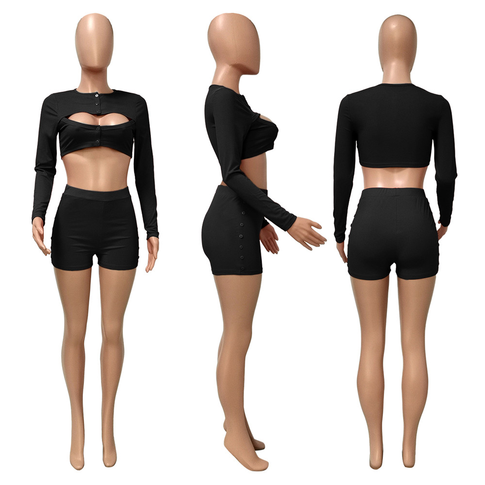 Wholesale Ribbed Outfits Women Two Piece Set Tracksuits Autumn Clothes Sexy Long Sleeve Hollow out Crop Top and Shorts Casual Sportswear Solid Sports 