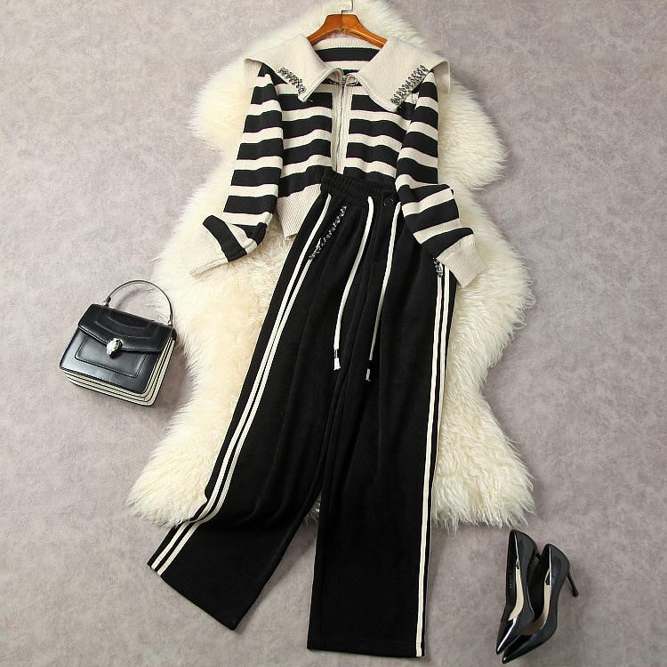 Two Piece Pants European and American women' clothes 2023 spring new Long sleeved beaded navy neck striped sweater Wide-leg pants Fashion suit, Black
Two Piece Pants European and American women' clothes 2023 spring new Long sleeved beaded navy neck striped sweater Wide-leg pants Fashion suit, Black