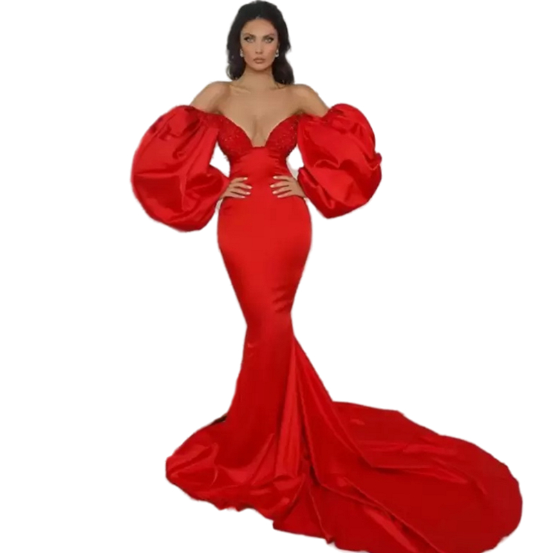 Puff Long Sleeves Red Mermaid Prom Dresses Off Shoulder Simple Elegant Satin Formal Dress Evening Gowns Slim Fit Women Special Occasion Wear