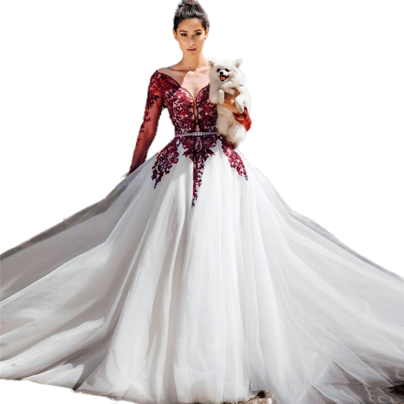 Gothic Ivory And Burgundy A Line Wedding Dresses Long Sleeves Country Bridal Gowns Lace Applique Beaded Sequin Tulle Bride Formal Wear Sheer Back Butt