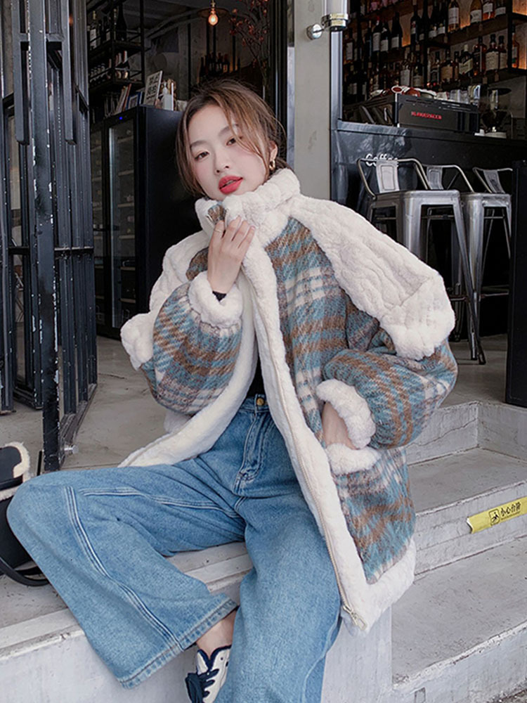 Women's Down Parkas Plaid Lamb Wool Coat Short 2023 Autumn Winter Wild Korean Version Of Loose Woolen Thick Velvet 230111Z