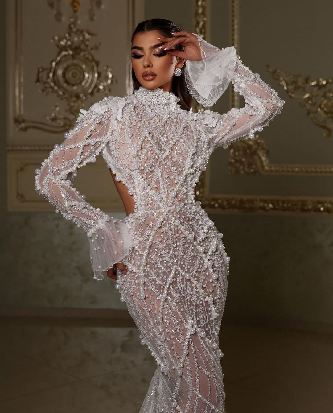 Luxury Mermaid Wedding Dresses Long Sleeves High Neck Backless Beaded Pearls Sequins Appliques Formal Dresses 3D Lace Bridal Gowns Plus Size Vestido d
