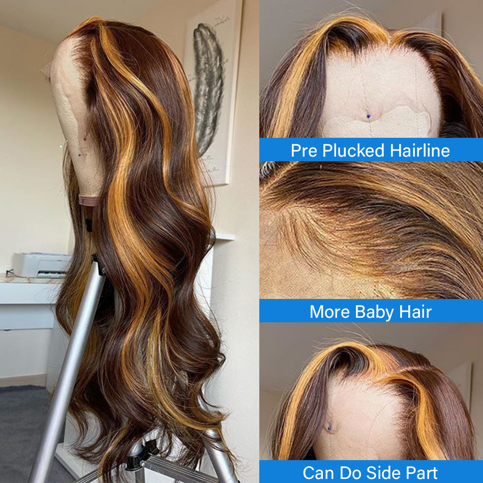 Free shipping HD Body Wave Highlight Front Human Hair For Women Lace Frontal Wig Pre Plucked Honey Blonde Colored Synthetic Wigs