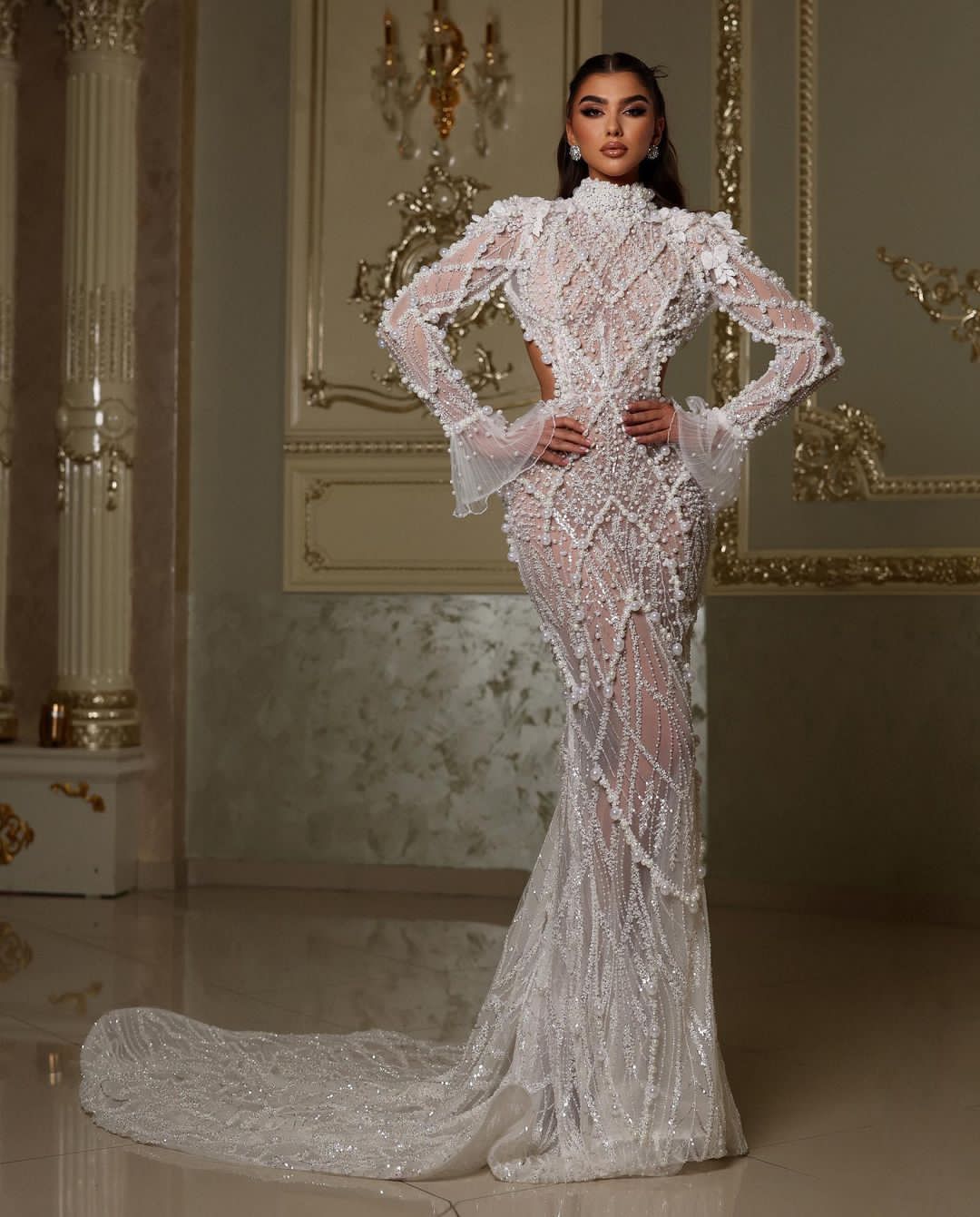Luxury Mermaid Wedding Dresses Long Sleeves High Neck Backless Beaded Pearls Sequins Appliques Formal Dresses 3D Lace Bridal Gowns Plus Size Vestido d