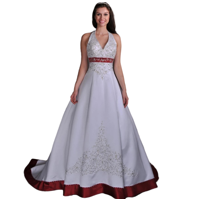 Elegant Embroidered Long A Line Wedding Dresses Halter Neck Backless Lace-Up White And Burgundy Bridal Gowns V-Neck Court Train Vintage Satin Vestido 