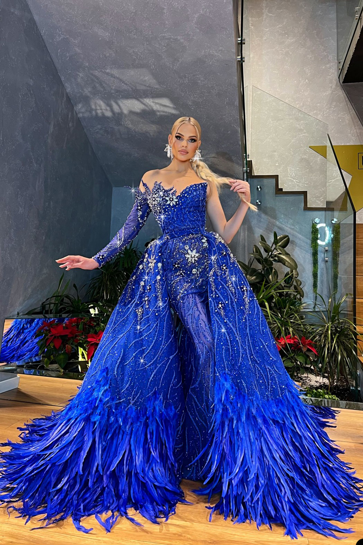 Feathers Royal Blue Mermaid Prom Dresses Lace Sequined One Shoulder Party Dresses Crystal with Overskirt Custom Made Evening Dress
