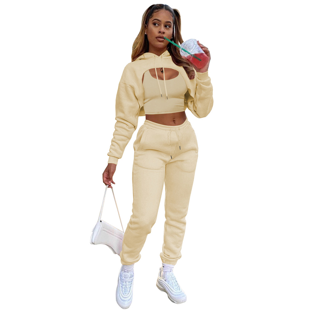 Fall Winter Tracksuits Fleece 3 Pieces Sets Women Long Sleeve Sweatsuits Casual Hooded Hoodie Vest and Pants Matching Set Casual Sports Suits Solid Sp