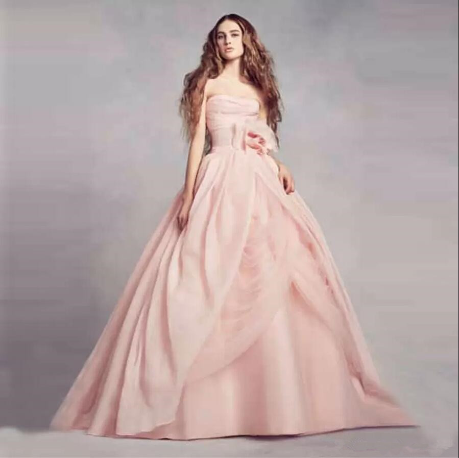 Pink Organza a-line Wedding Dresses Strapless Ball Gowns Ruched Draped Bodice with 3D Flower Custom Made princess Bridal Gowns