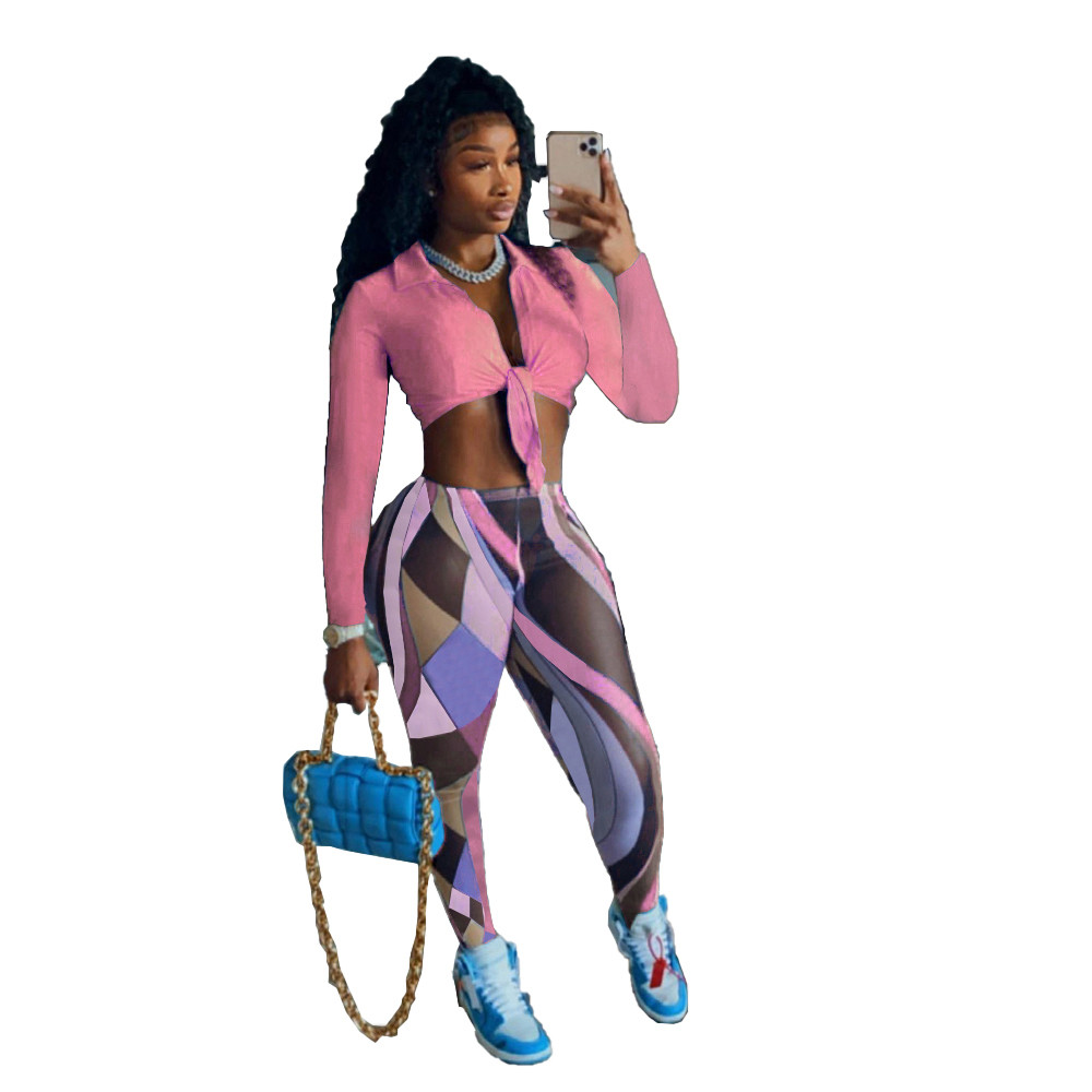 Fall Winter Women Tracksuits Two Piece Set Autumn Outfits Long Sleeve Bandage Crop Tops and Print Pants Mathing Casual Sportswear Night Club Party Wea