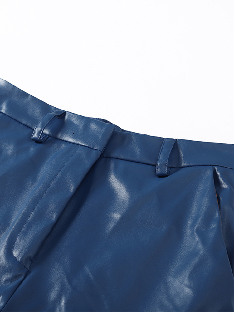 Women's Pants s Autumn Winter PU Leather Blue Slim High Waist Straight Trousers Female Elegant Fashion Streetwear Lady Pant 230112