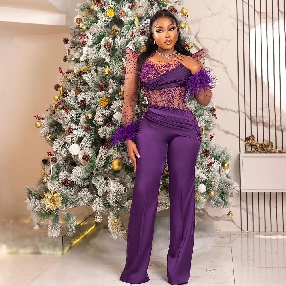 Purple Jumpsuits Prom Dresses 2023 Sexy Illusion Feather Outfit Party Gown for Special Occasions Ruched Bead Satin Trousers Vestidos
