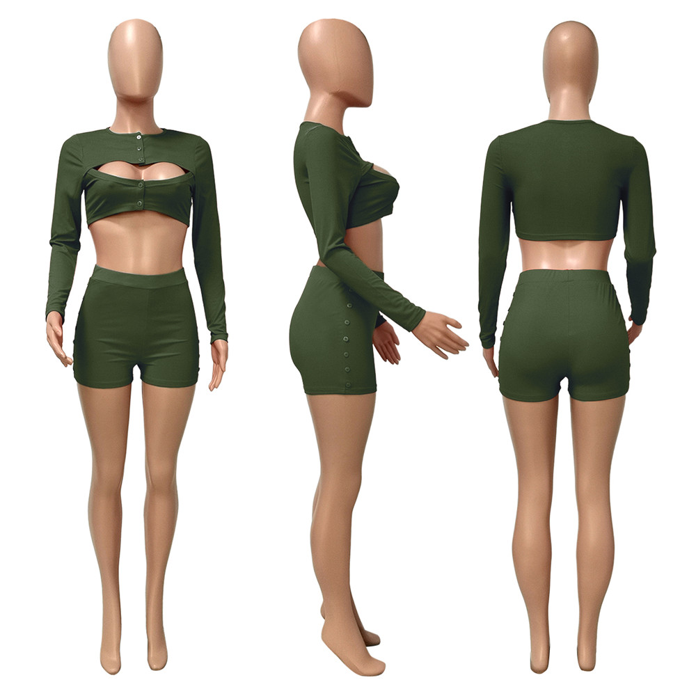 Wholesale Ribbed Outfits Women Two Piece Set Tracksuits Autumn Clothes Sexy Long Sleeve Hollow out Crop Top and Shorts Casual Sportswear Solid Sports 